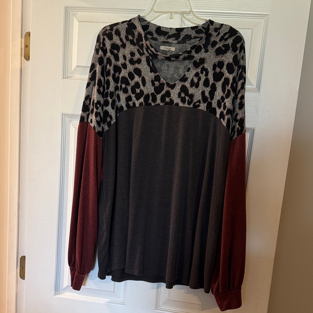 Maurices Black, Gray & Burgundy Leopard-Accent Long Sleeve Top